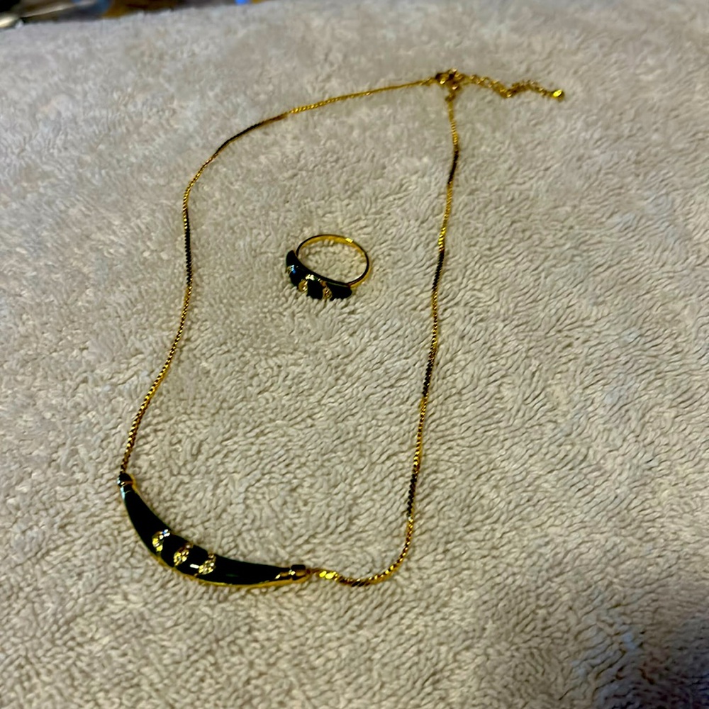 Go chain necklace with a moon shaped green design with ring set